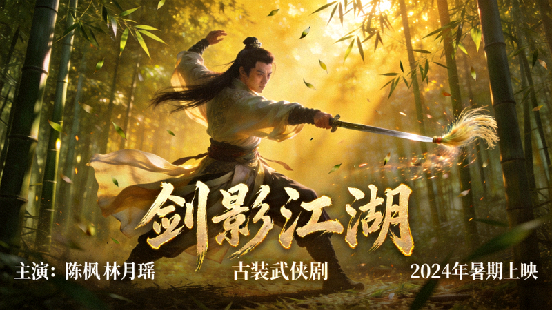 古装武侠剧《剑影江湖》海报 - 侠客在竹林间舞剑